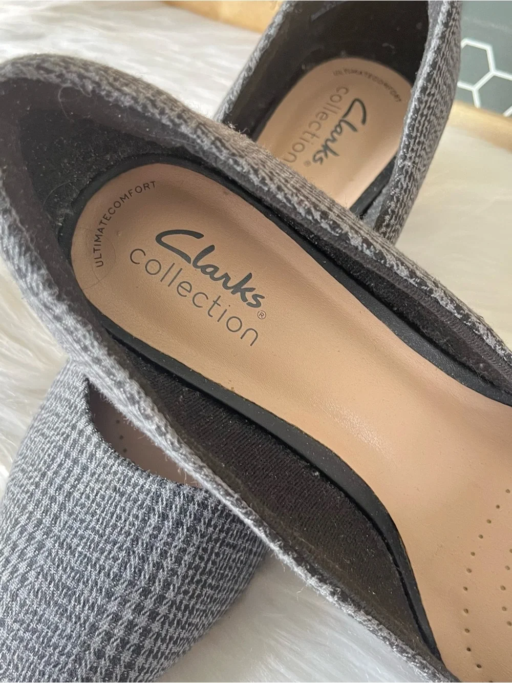 Clarks Collection Block Heel Pumps-Teresa Step-Black Plaid Size 8 W
